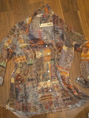 Tianello Sheer Patchwork Button-Front Shirt in Rust, Yellow, Purple and Brown